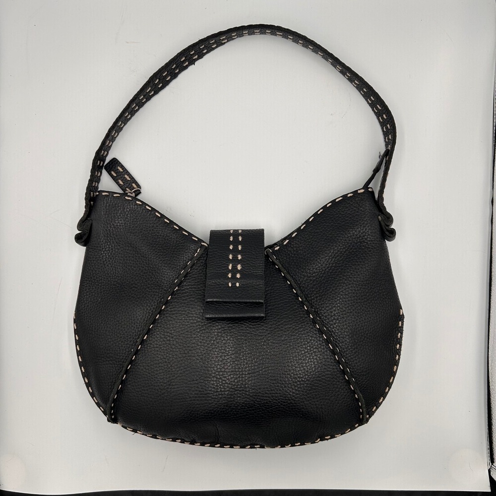Charles David Black Pebbled Leather Whipstitch Hobo Shoulder Bag Vintage‎ Style